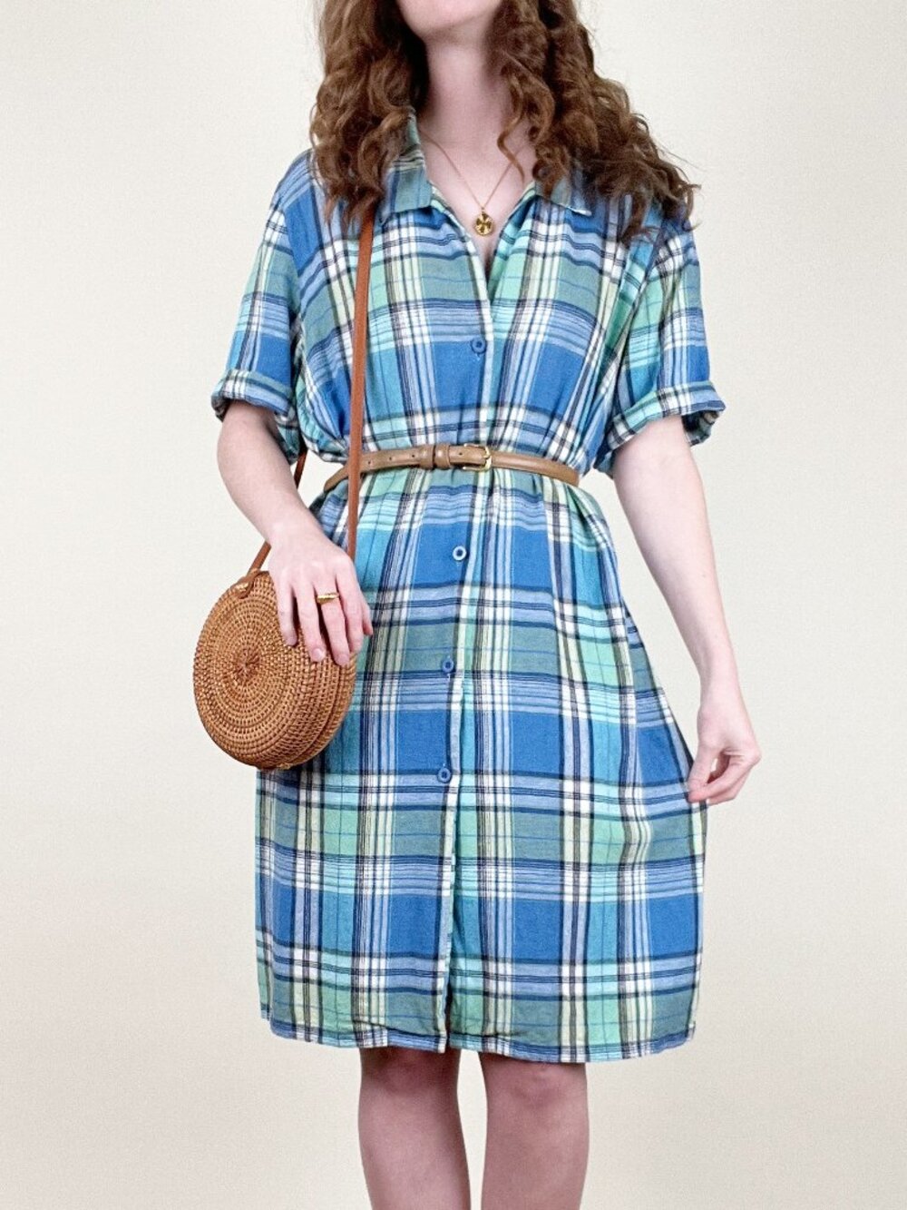 Vintage 90s Linen Plaid Sun Dress Midi Casual Relaxed Oversized Summer Sundress